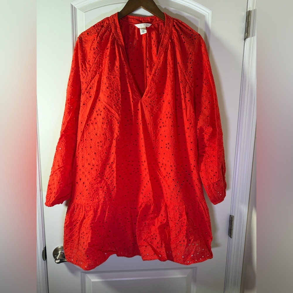 H&M Red Eyelet BRODERIE ANGLAISE Tunic Dress /Coverup Coquette unlined Spring - Picture 5 of 10